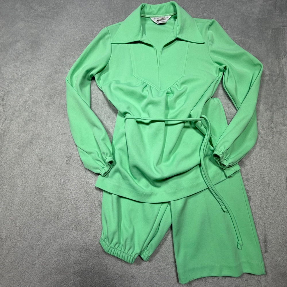 Vintage‎ 1970s Mint Green Tunic and Wide Leg Pant Set Small Dagger Collar Disco